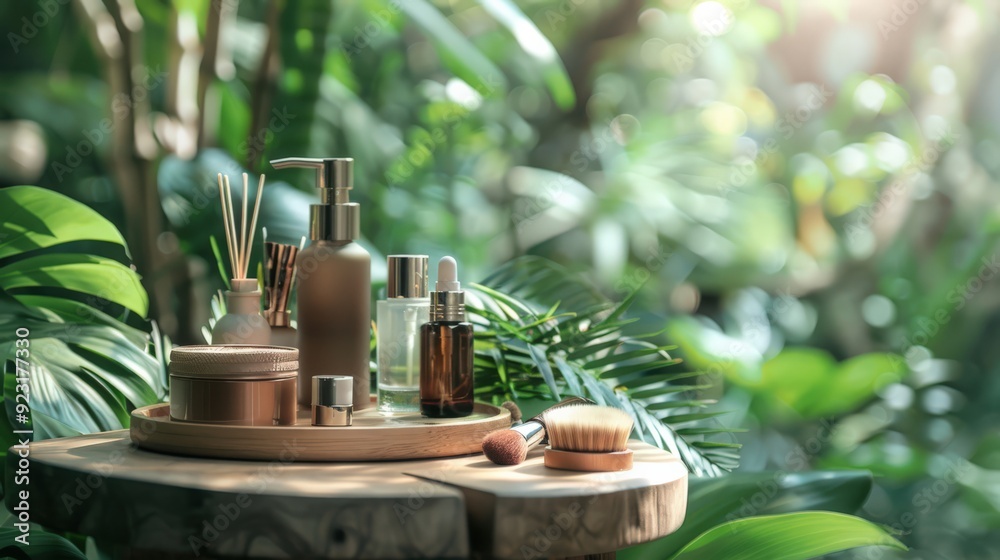 A tray of beauty products is set on a wooden table in a lush green forest A tray of beauty products is set on a wooden table in a lush green forest