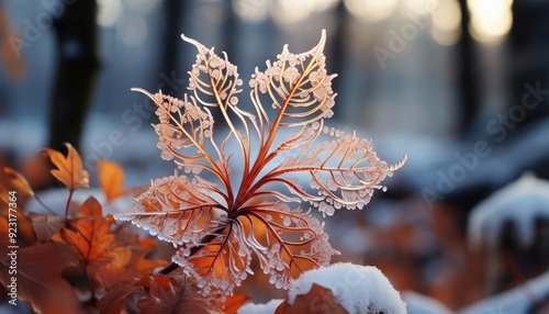 Frost on the intricate patterns of a maple leaf photo