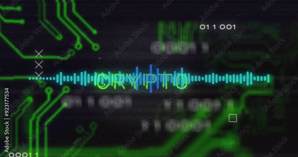 Crypto text animation over green circuit board and data processing elements Crypto text animation over green circuit board and data processing elements