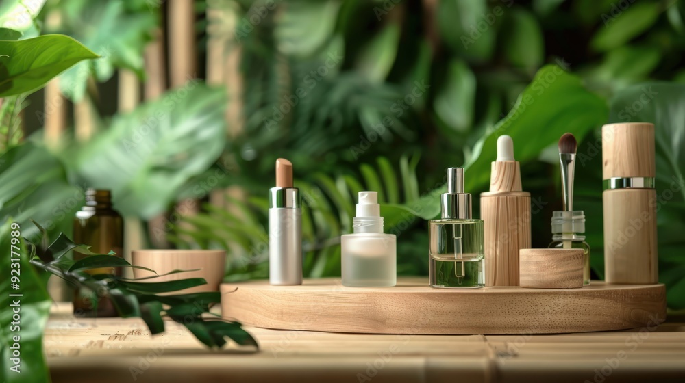 A wooden tray with various beauty products on it, including a bottle of lotion
