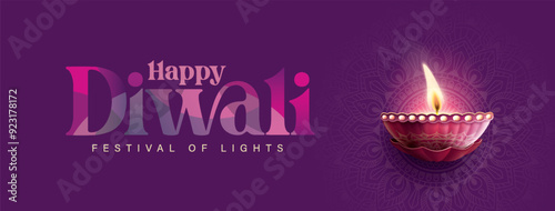 Happy Diwali festival with oil lamp, Rangoli decoration with Diya, Diwali holiday Background with rangoli, Diwali celebration greeting card,vector.