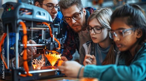 A group of students intently watch a 3D printer in action, their faces filled with curiosity and excitement.