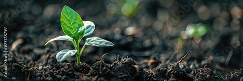 Close-up of a young green plant emerging from soil