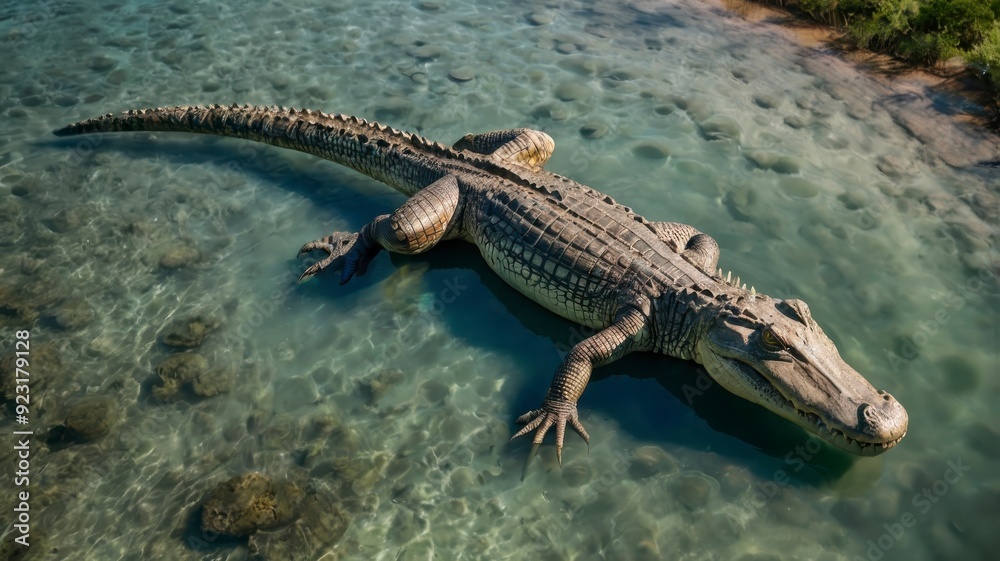 Aerial view of large crocodile in shallow water Aerial view of large crocodile in shallow water