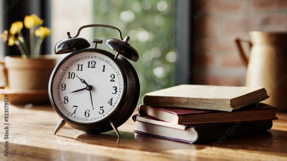 Naklejka premium Education day arrangement on a table with a clock