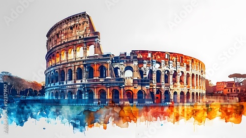 5. A minimalist image with a white background featuring the Colosseum in Rome in the center