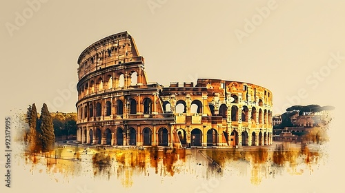 5. A minimalist image with a white background featuring the Colosseum in Rome in the center