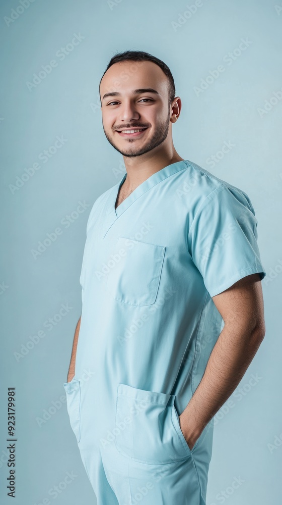 Softly smiling male nurse standing facing the camera, body softly leaning to the side, light blue background Softly smiling male nurse standing facing the camera, body softly leaning to the side, light blue background