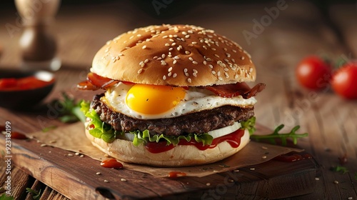 A photo of a burger with a fried egg and special photo