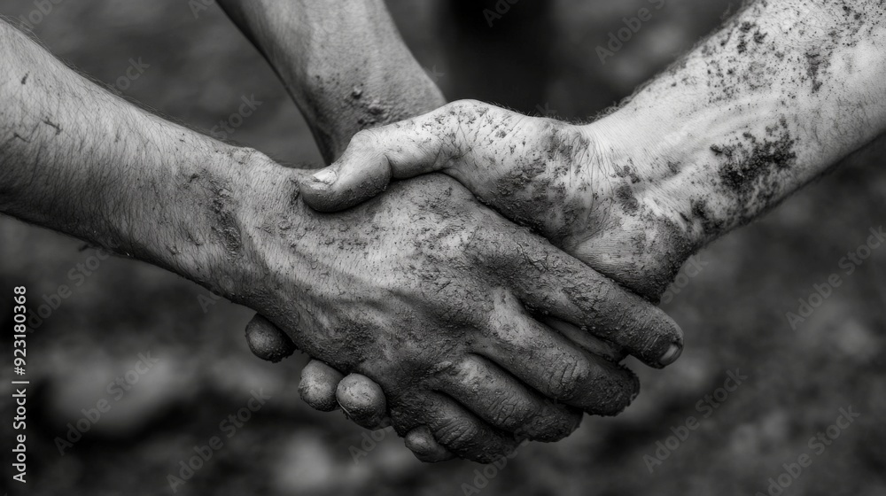 Fototapeta premium Two dirty hands clasped together in a handshake.