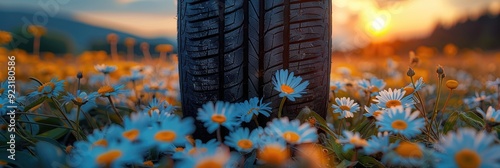 A car tire on the road in nature with flowers, a closeup of car tires and a natural background, a spring landscape with daisies and grass at sunset.