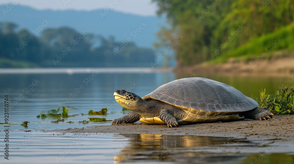 Obraz premium A turtle resting on a rock, grass, and shore near a calm pond, surrounded by nature and wildlife