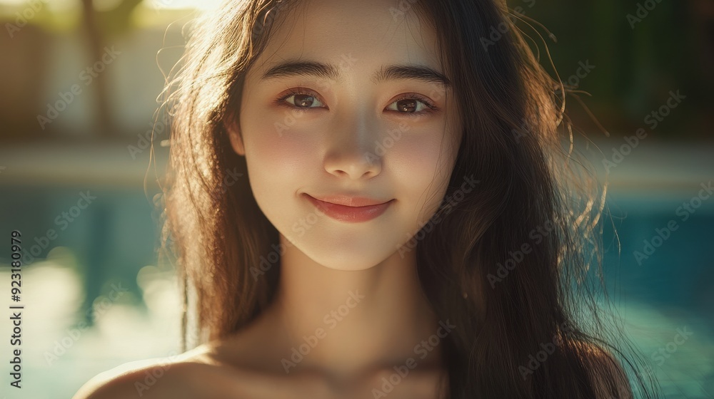 Close up Face of Smiling Asian woman with straight hair and swimwear, smiling and unwinding in a luxurious hotel pool setting. Close up Face of Smiling Asian woman with straight hair and swimwear, smiling and unwinding in a luxurious hotel pool setting.