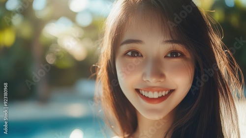 Close up Face of Smiling Asian woman with straight hair and swimwear, smiling and unwinding in a luxurious hotel pool setting.