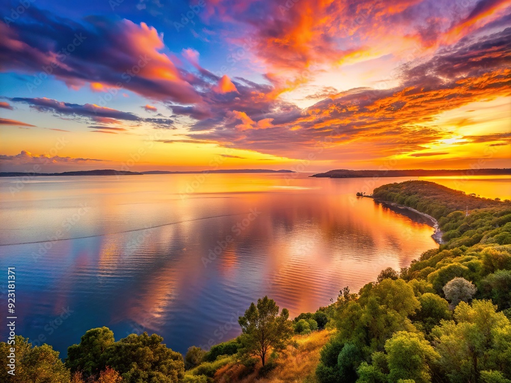 Sweeping panoramic view of vibrant orange and pink hues descending below the horizon, casting a warm glow on serene landscape and calm waters. Sweeping panoramic view of vibrant orange and pink hues descending below the horizon, casting a warm glow on serene landscape and calm waters.