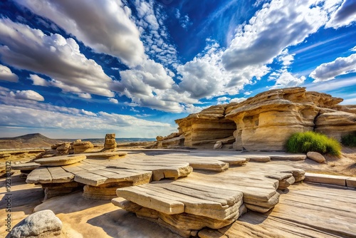 Weathered rock platform display at outdoor museum showcases ancient fossilized remains and geological formations under a clear blue sky with a few wispy clouds. photo