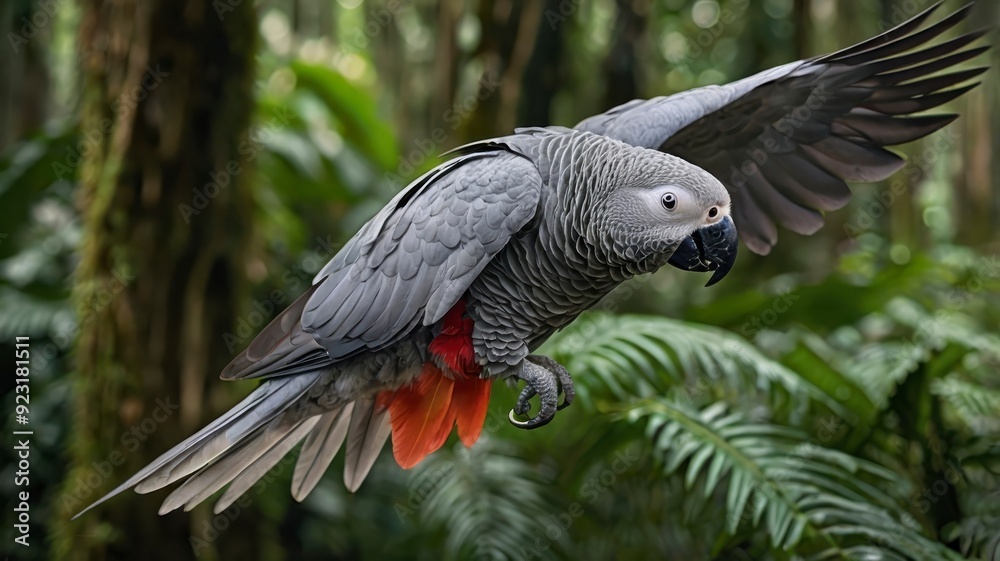 Obraz premium African grey parrot close-up in mid-flight over rainforest
