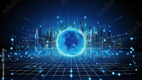 Blue glowing earth and city skyline with digital grid background.