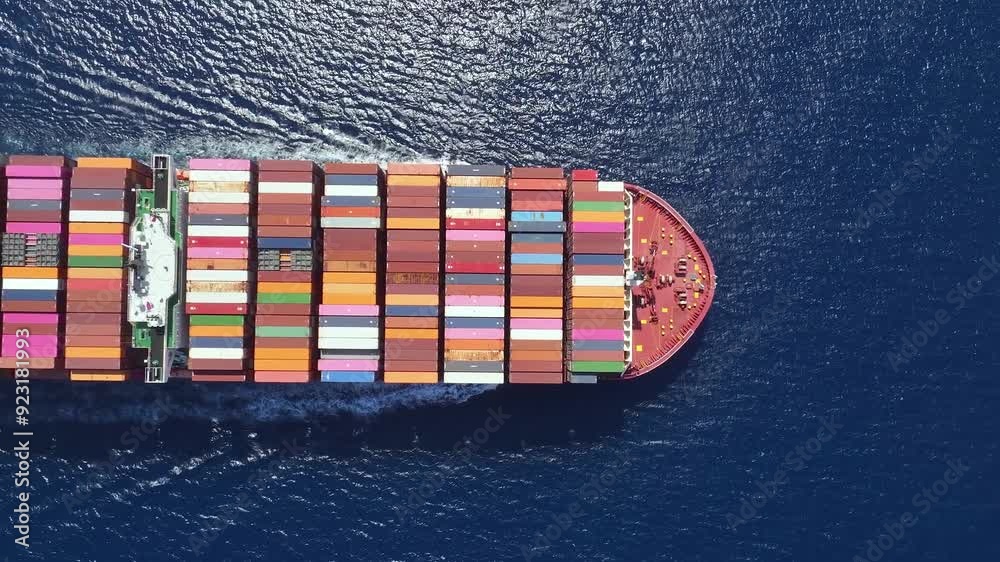 Aerial overhead view of a very large container cargo ship crossing the sea