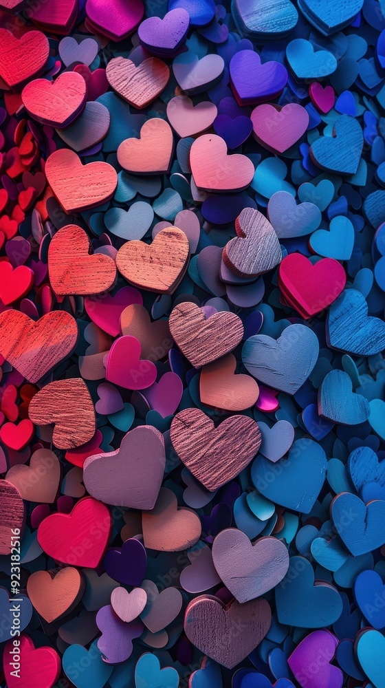 Colorful wooden hearts in shades of blue, pink, and purple create a playful display of love and affection Colorful wooden hearts in shades of blue, pink, and purple create a playful display of love and affection