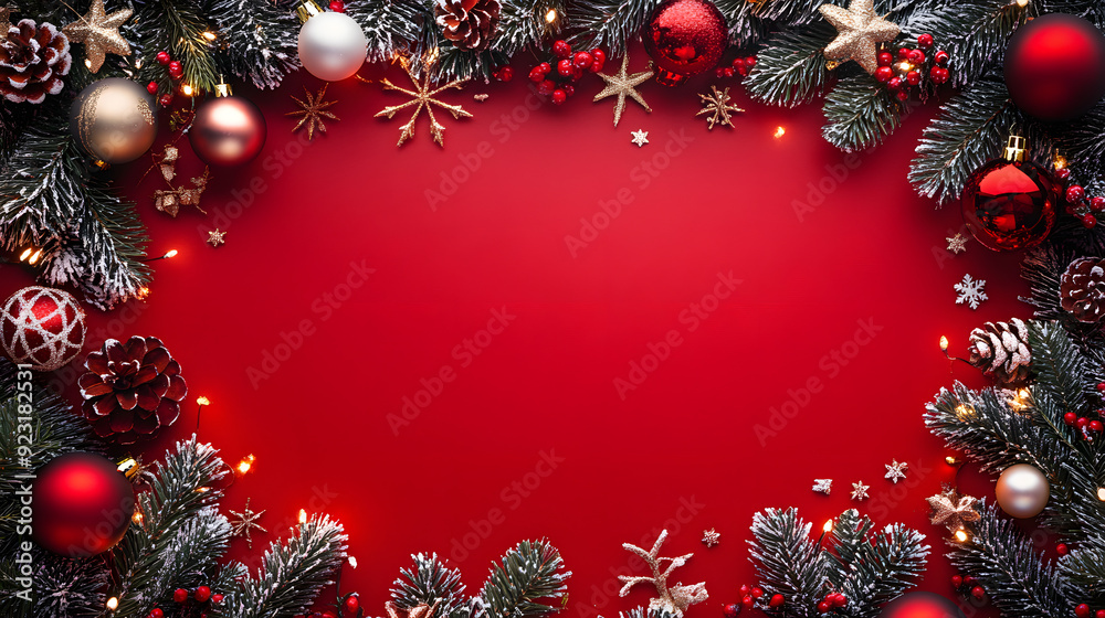 Creative Christmas frame on a red background. Xmas and New Year holiday, banner Creative Christmas frame on a red background. Xmas and New Year holiday, banner