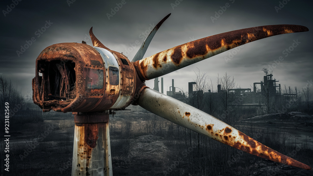 Fototapeta premium Close-up of a rusted and abandoned wind turbine with decaying blades, set against an industrial landscape under a gloomy sky, symbolizing the decline of renewable energy infrastructure.