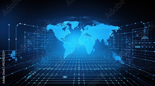 Blue glowing world map on digital grid background.