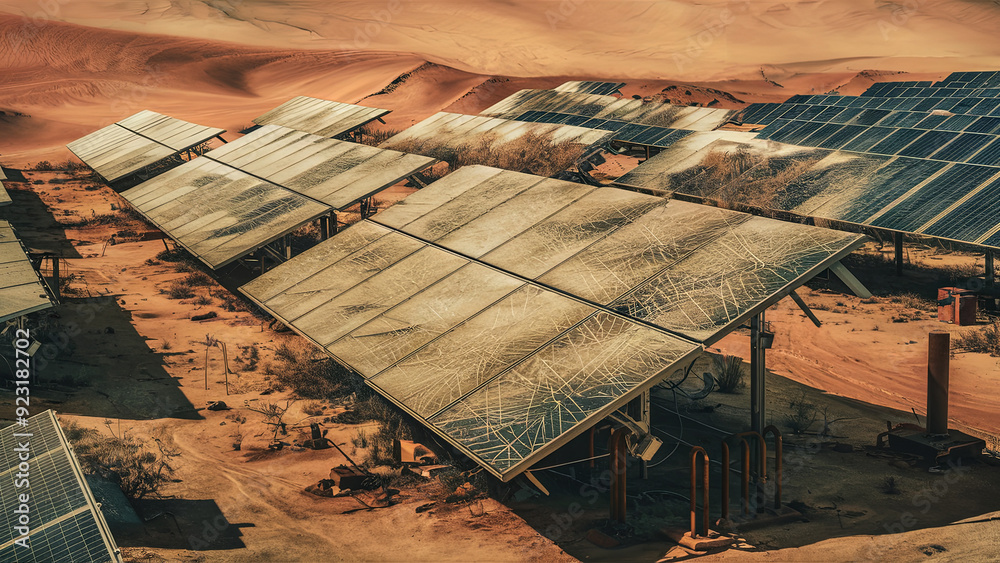 Deserted solar panel array in a barren desert landscape, covered with ...