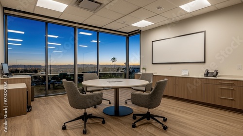 Modern office interior with large windows, minimalistic design, and a collaborative workspace for team discussions.