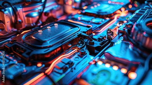 A close up of a computer part with a blue background