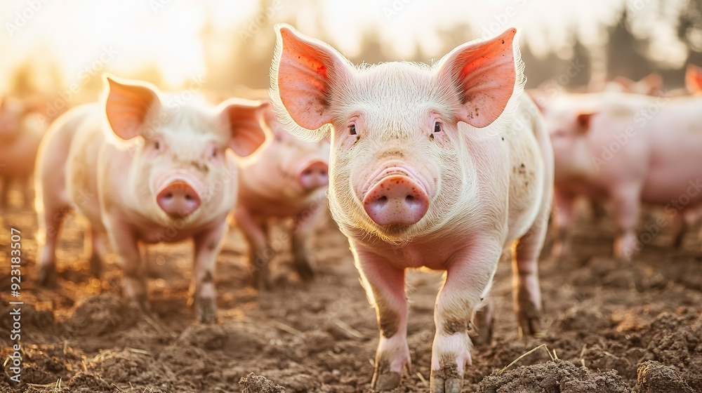 Many adult pigs at a pig farm Livestock breeding Meat industry and agriculture. with copy space image. Place for adding text or design Many adult pigs at a pig farm Livestock breeding Meat industry and agriculture. with copy space image. Place for adding text or design