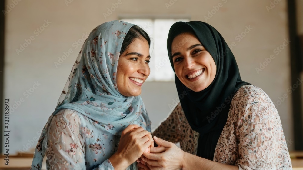 female teacher in veil happily embraces while being female teacher in veil happily embraces while being