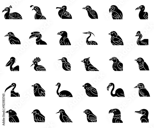 Set Of Linear Bird Icon Set In Solid Style Vector Symbols Apps, Websites Ui Designs Suitable For Pet,Head-Bird,Animal,Bird-Of-Prey,Bird Vector Illustration Linear Pictogram Pack