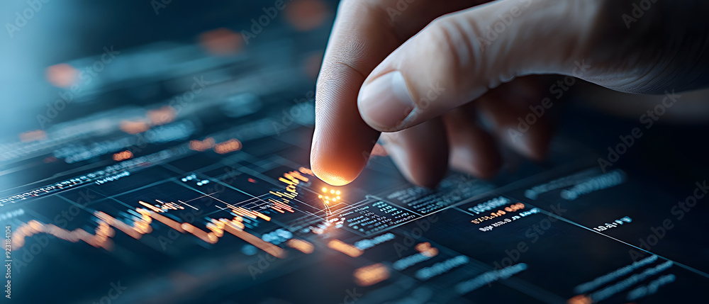 Hand with a virtual stock market display, representing digital trading. Hand with a virtual stock market display, representing digital trading.