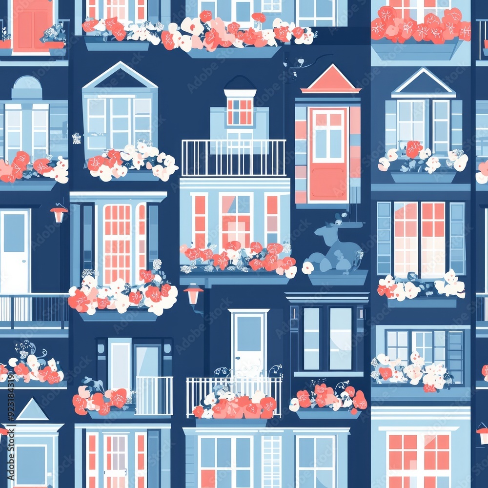 Fototapeta premium Seamless pattern of tiny beach huts with striped awnings