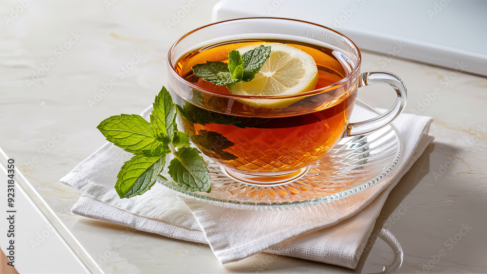 Lemon and mint tea in a clear glass cup on a white napkin, served with fresh mint leaves, on a marble countertop with reflective glass saucer, showing a modern kitchen setting Lemon and mint tea in a clear glass cup on a white napkin, served with fresh mint leaves, on a marble countertop with reflective glass saucer, showing a modern kitchen setting