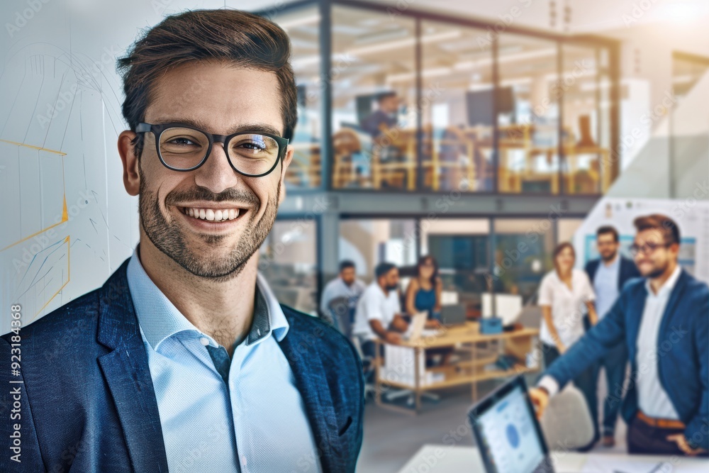 Fototapeta premium A businessman is deeply engrossed in his work at the office, displaying a thoughtful expression while exuding happiness and professionalism in his posture and positioning.
