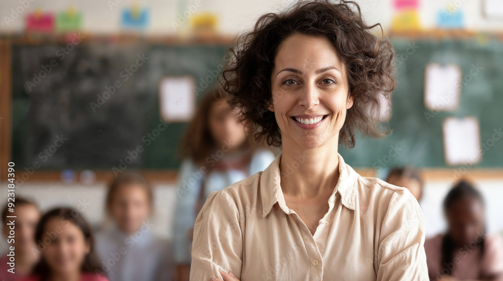 Female teacher. Portrait of a happy teacher in a classroom Female teacher. Portrait of a happy teacher in a classroom