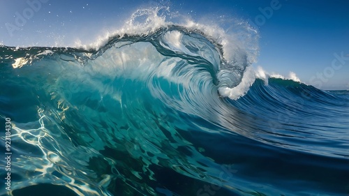 Dramatic waves crash against the rocky shore, creating a breathtaking spectacle of nature photo