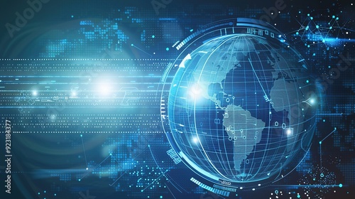 Digital globe with blue grid, data connections, and a futuristic design.