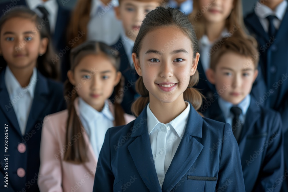 A group of children dressed in business attire standing confidently in an office setting. Their serious expressions and professional appearance emphasize ambition and leadership. A group of children dressed in business attire standing confidently in an office setting. Their serious expressions and professional appearance emphasize ambition and leadership.