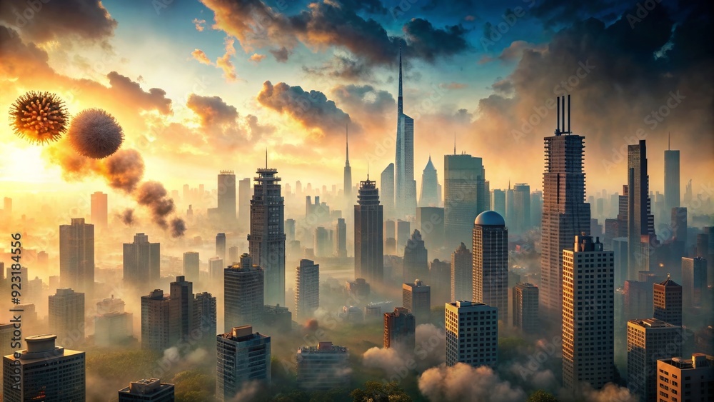 Fototapeta premium City skyline with smoke and haze from a virus pandemic , virus, pandemic, city, skyline, smoke, haze, pollution, urban