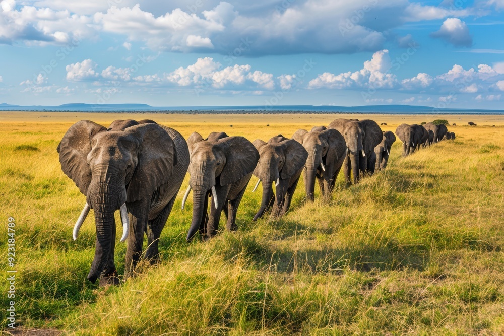 Fototapeta premium Elephants move as a united group across the broad grasslands, with the setting sun casting a warm glow. The aerial shot captures their majestic grandeur in the wild.