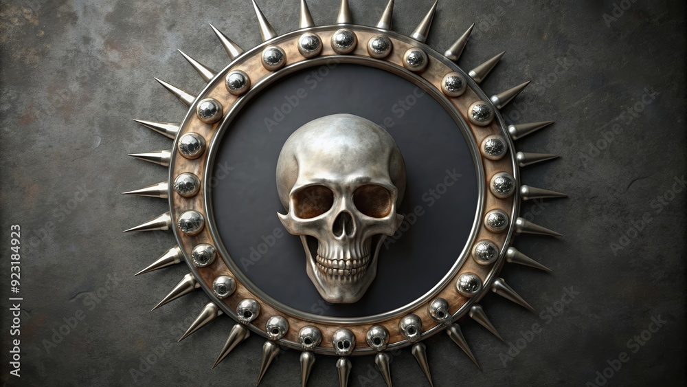 Naklejka premium Round horror metal frame with skull and spikes on background, horror, metal, frame, skull, spikes,background, gothic