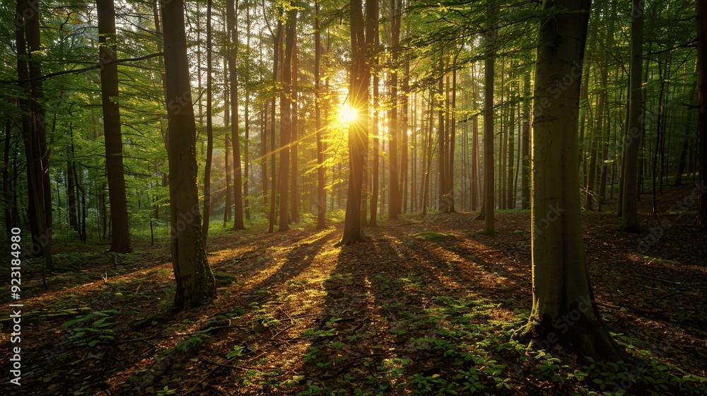 Fototapeta premium Peaceful forest clearing at dawn with soft golden light filtering through trees, casting gentle shadows on the forest floor.