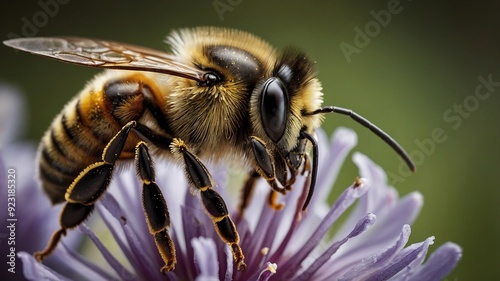 Close-up of a yellow bee collecting pollen from a white flower in nature