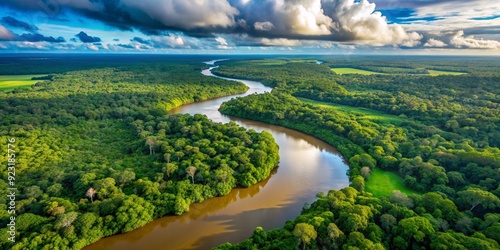 Aerial view of the Amazon rainforest with lush green canopy, meandering rivers, and dense vegetation, Amazon