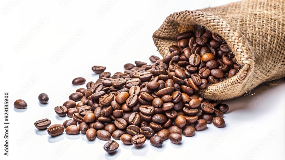 Roasted coffee beans spilling out of a burlap sack on white background, coffee, beans, burlap, sack, spilled Roasted coffee beans spilling out of a burlap sack on white background, coffee, beans, burlap, sack, spilled