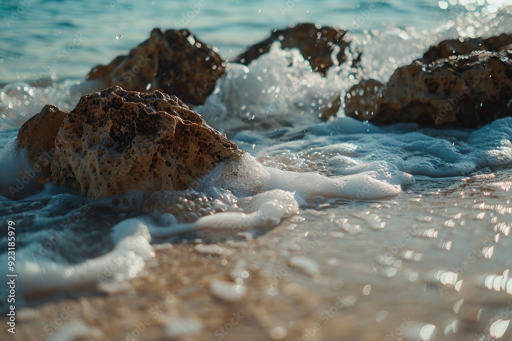 A close up of the water on an island beach with rocks, waves and sand A close up of the water on an island beach with rocks, waves and sand