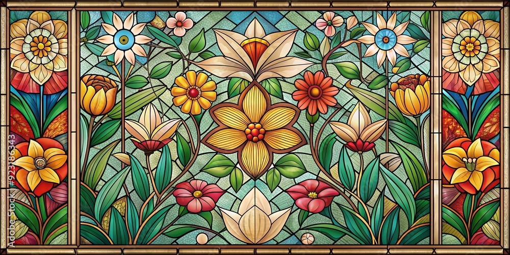 Colorful flowers and leaves in art deco style pattern with stained glass , floral, art nouveau, trendy, print Colorful flowers and leaves in art deco style pattern with stained glass , floral, art nouveau, trendy, print